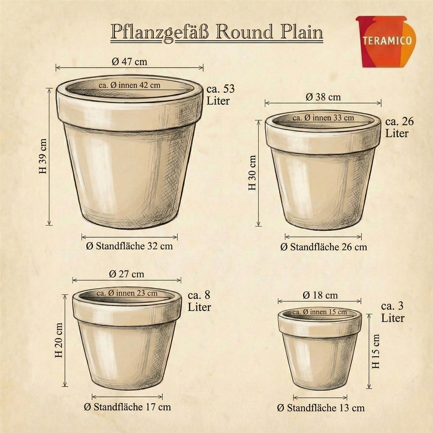 Pflanzgefäß "Round Plain" Moosbraun – Ø 18 bis 47 cm – Frostfestes Steinzeug