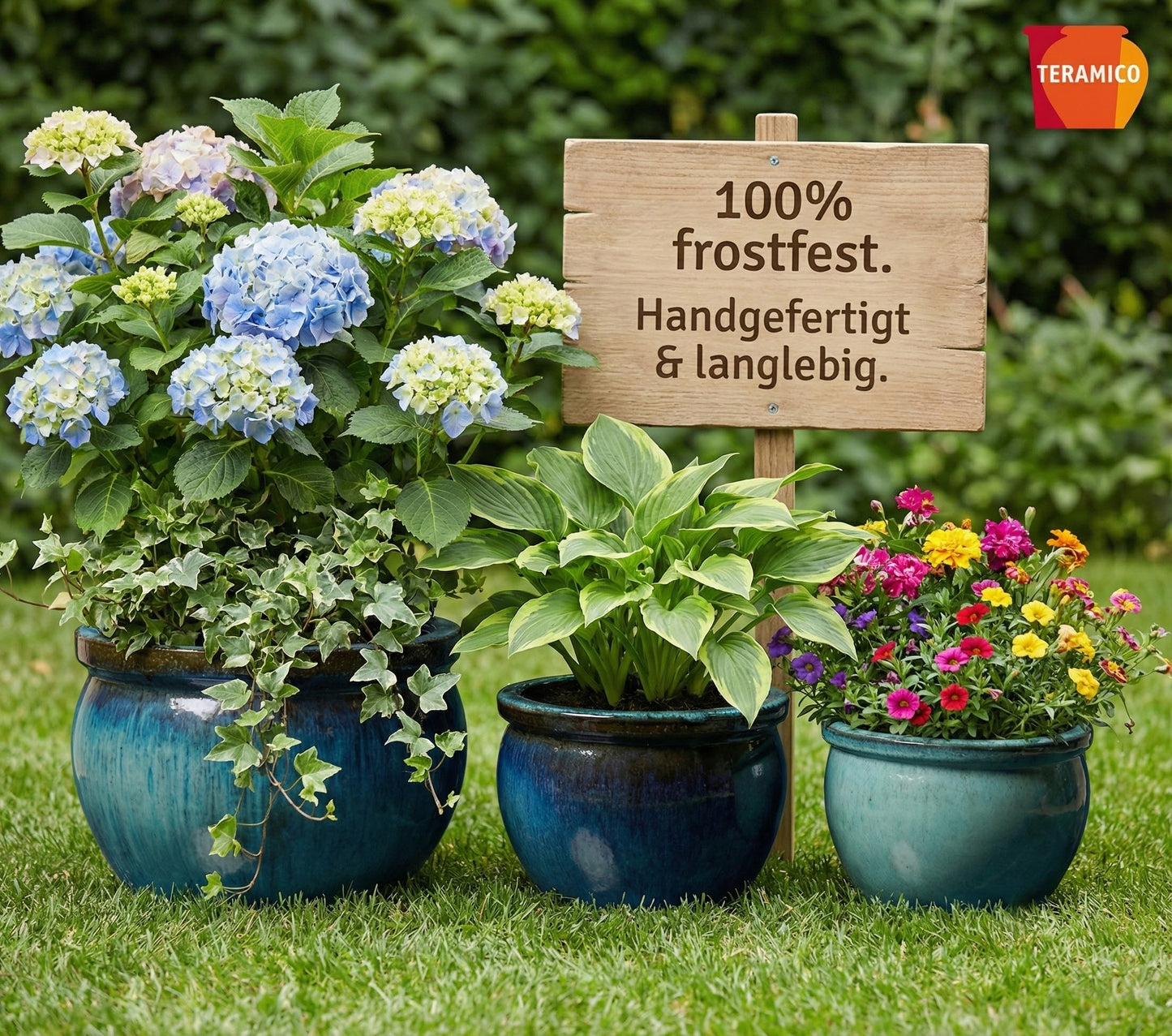 2er Set XXL Pflanzschale 49cm Grün Keramik Steinzeug winterhart