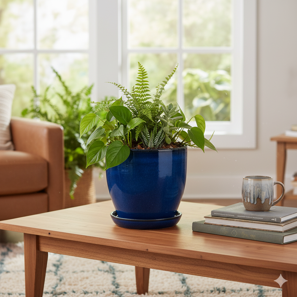 Blumentopf aus Keramik Modell "EggPot" 22cm in Royal Blau mit Teller
