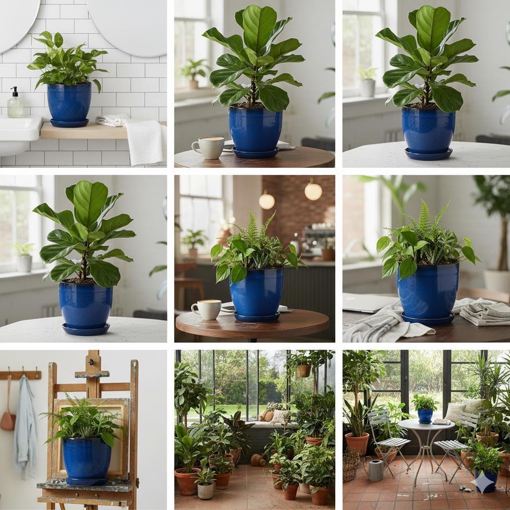 Blumentopf aus Keramik Modell "EggPot" 22cm in Royal Blau mit Teller