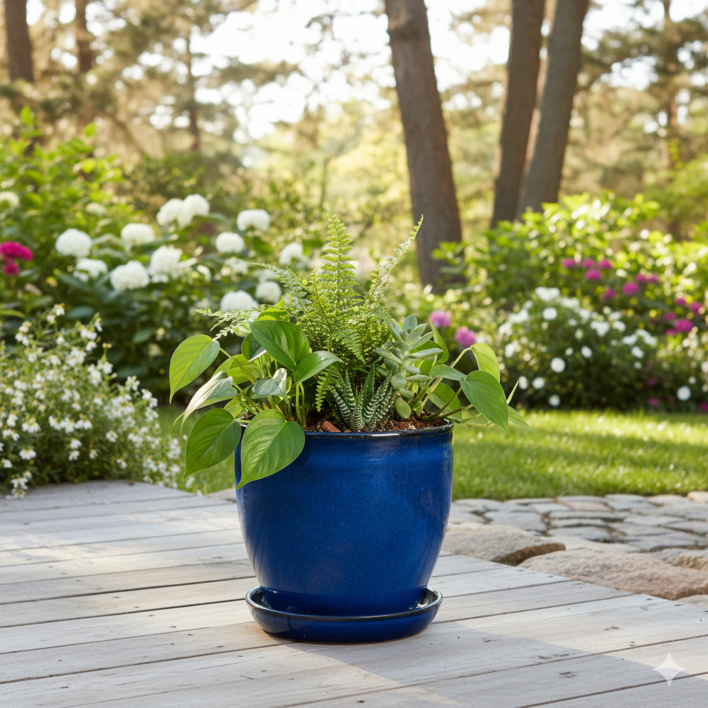Blumentopf aus Keramik Modell "EggPot" 27cm Royal Blau mit Teller