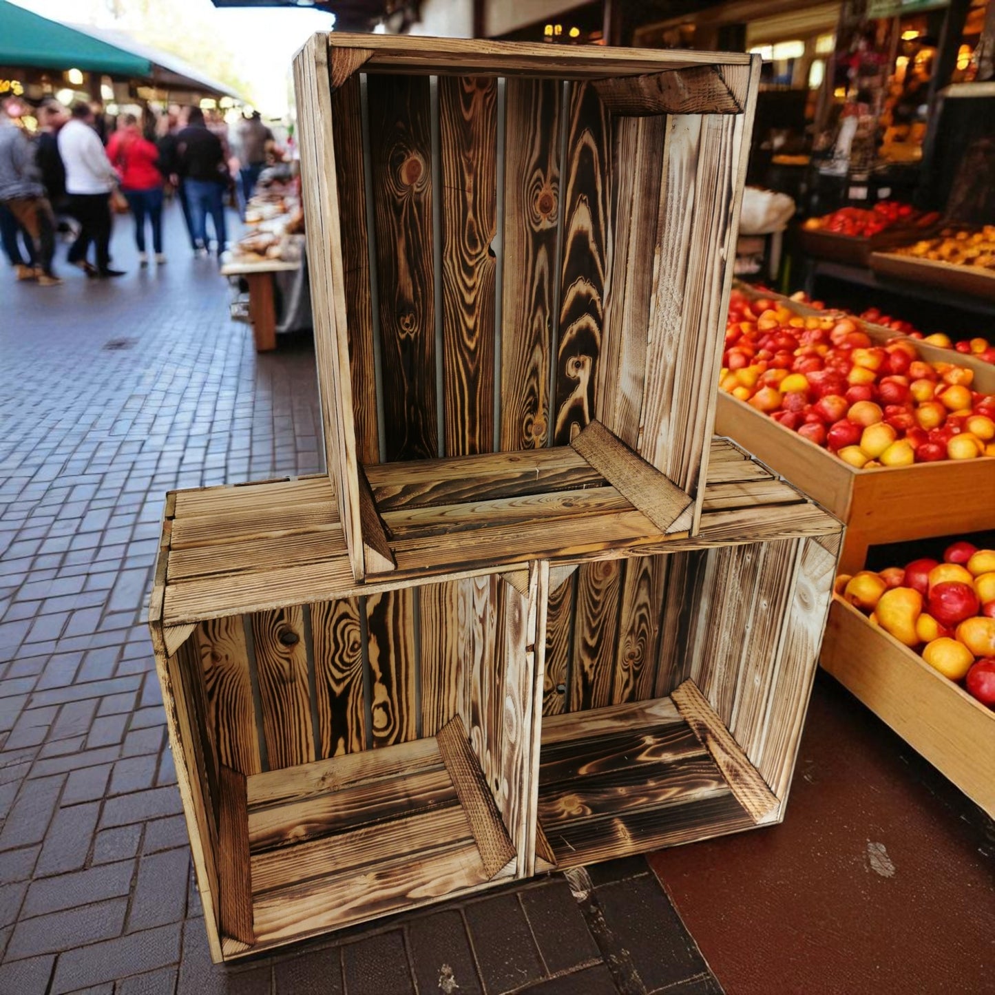 Lot de 3 caisses à vin en bois flammé 50x40x30cm