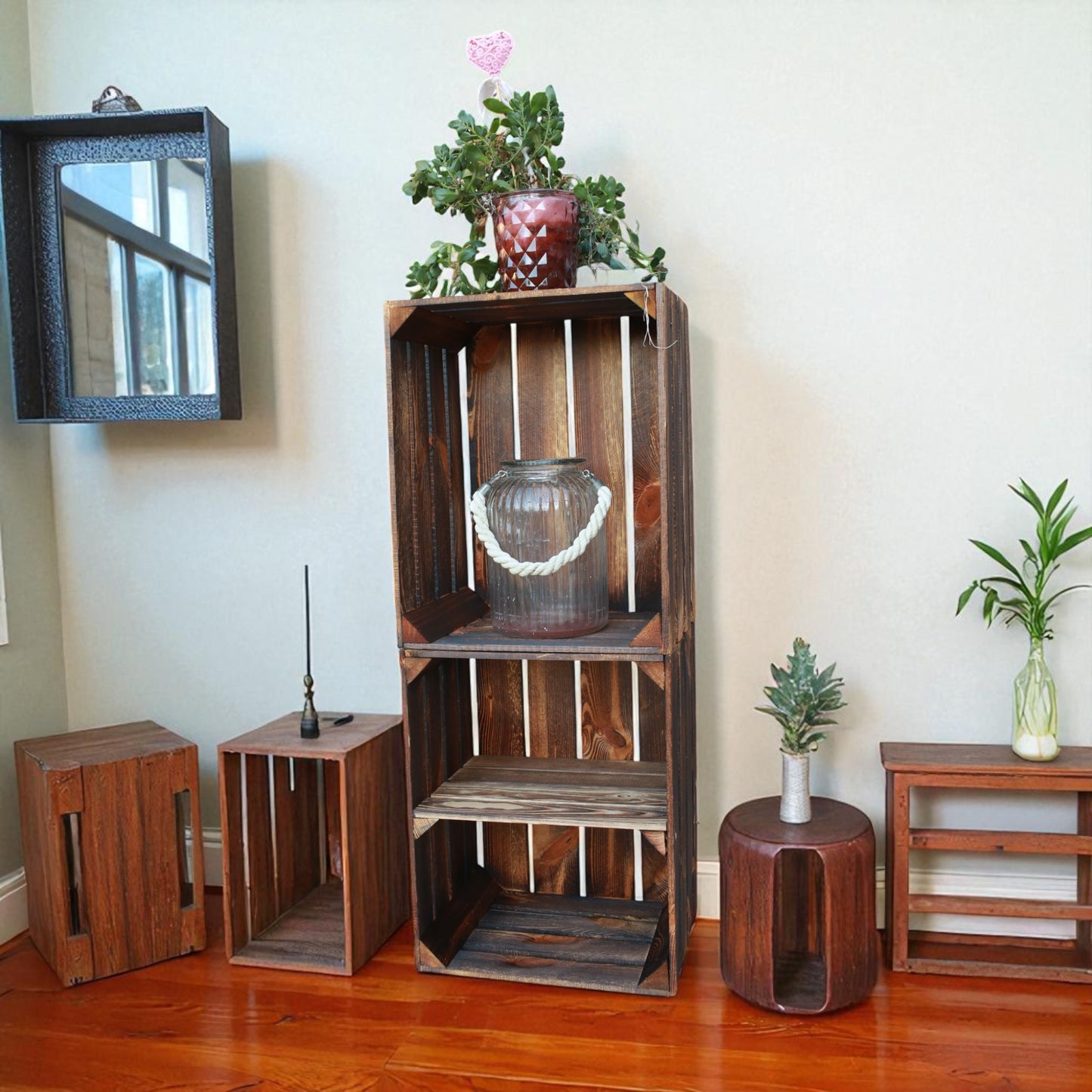 Holzkisten 2er Set 50cm mit Ablage Vintage Geflammt