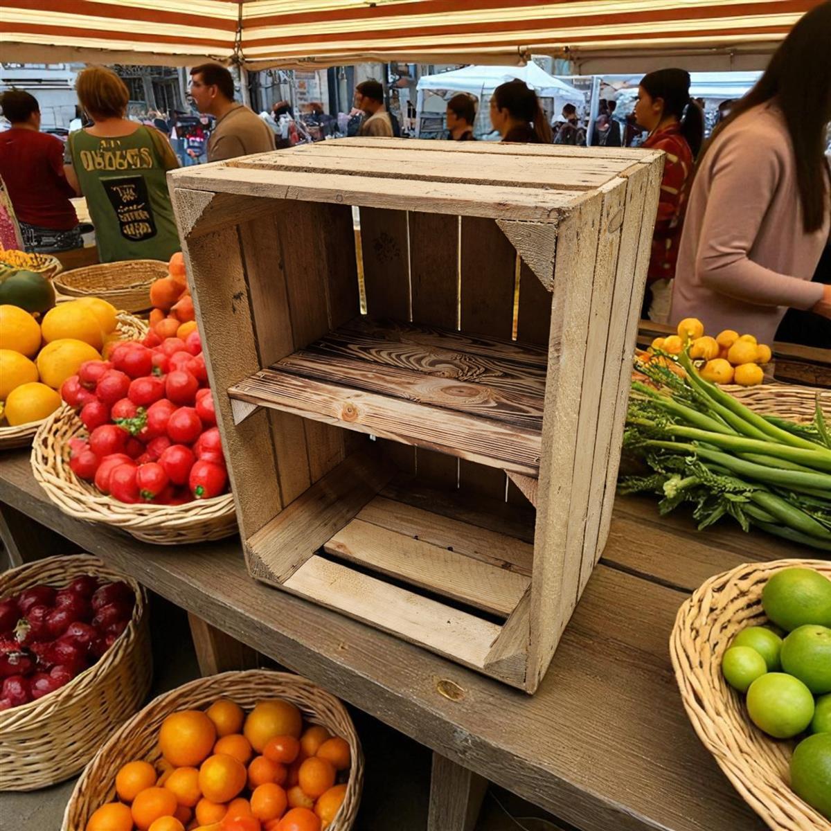 Caisse à fruits vintage naturelle avec planche intermédiaire 50 x 40 x 30 cm