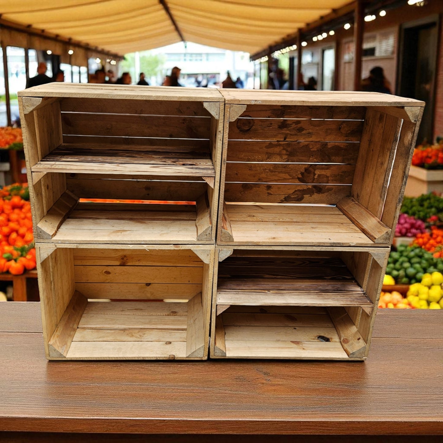 Holzkisten 4er Set 50 x 40 x 30cm mit Regal Lang Vintage Natur