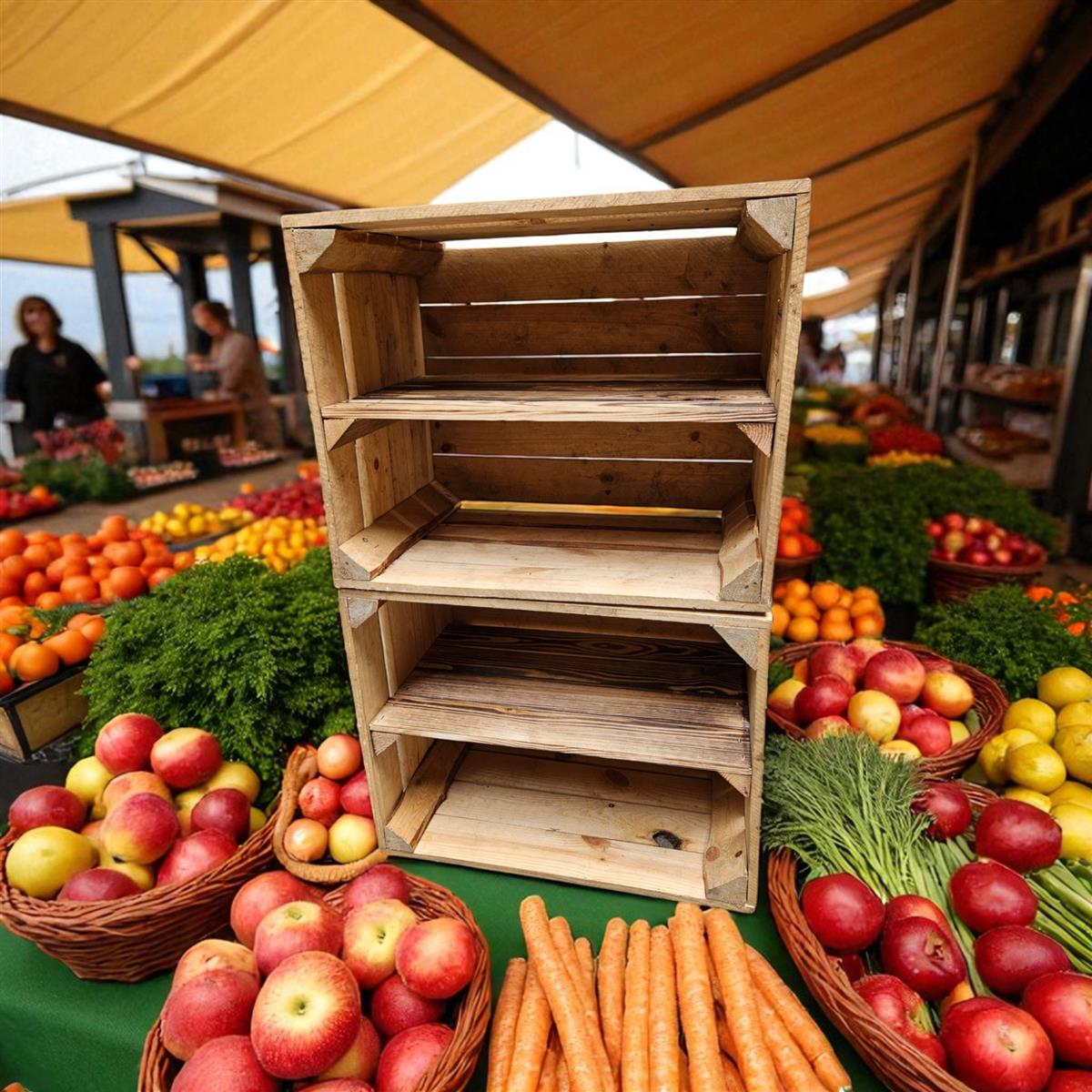 Lot de 2 boîtes vintage en bois naturel 50 x 40 x 30 cm avec étagère longue