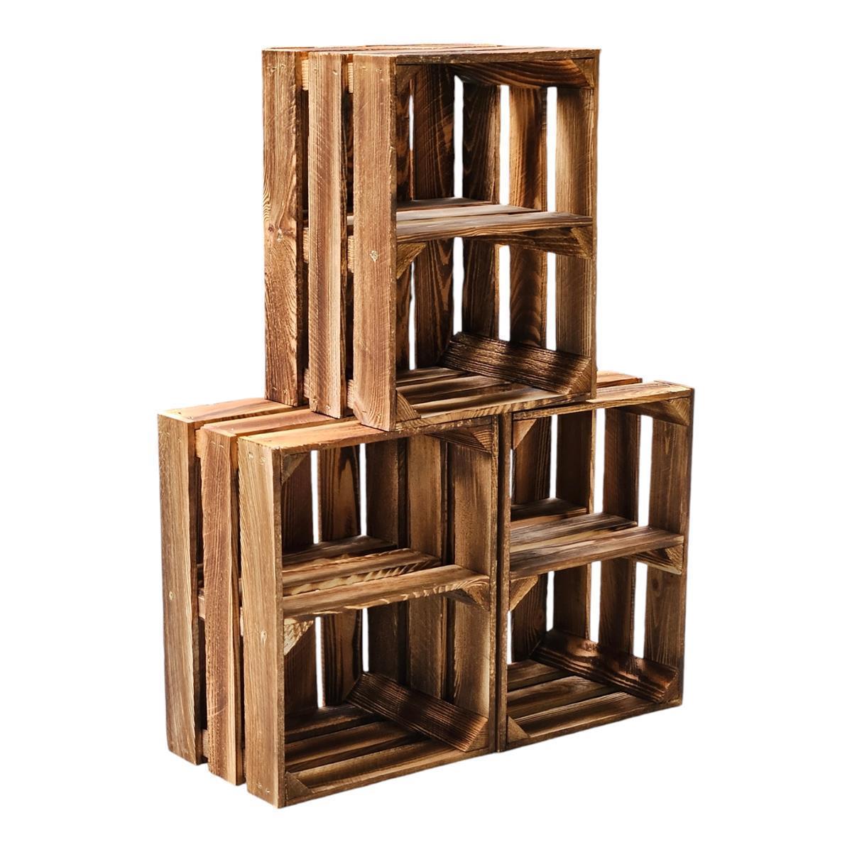 Lot de 4 caisses en bois 40x30x25cm étagère flammée