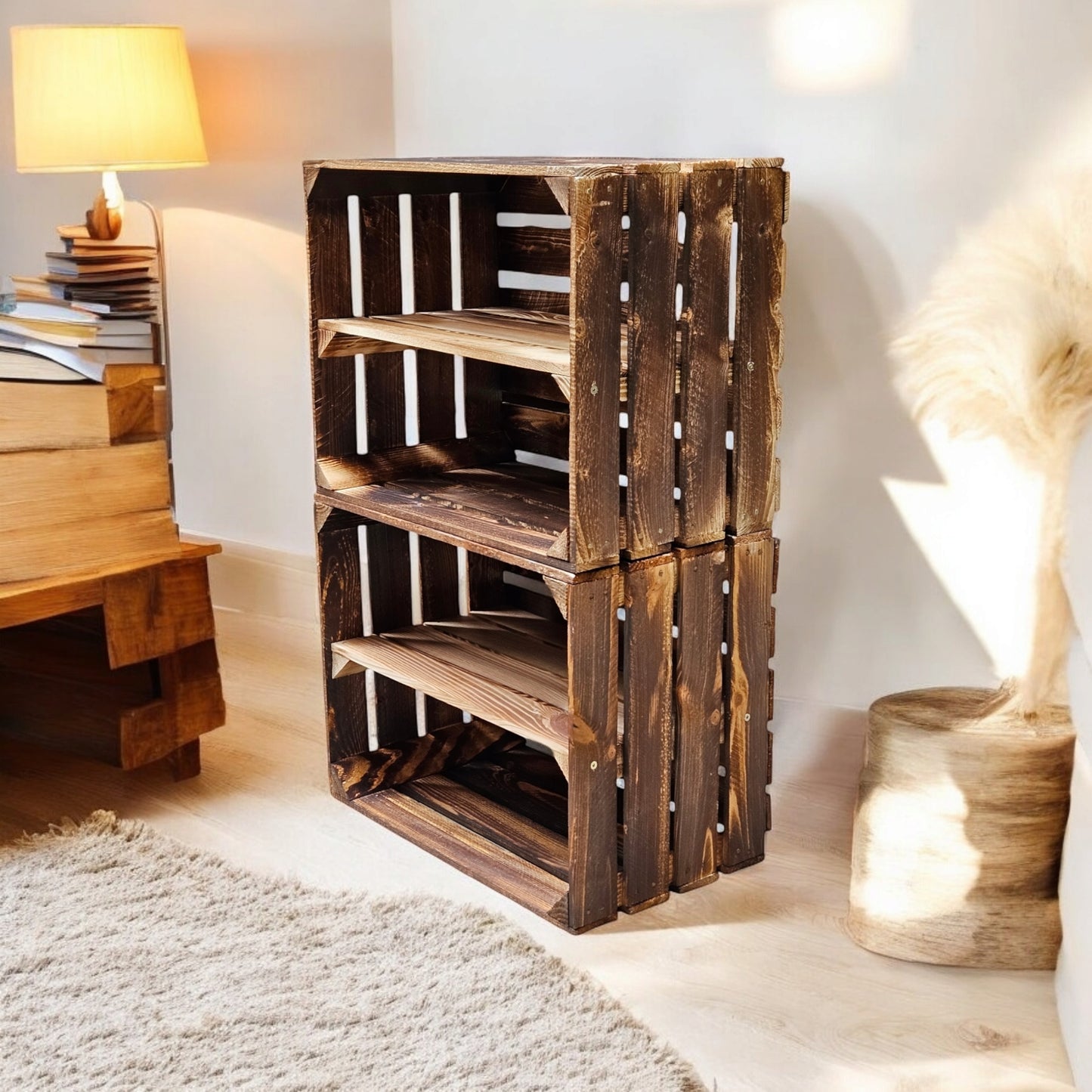 Holzkisten mit Regalfach Lang 50 x 40 x 30cm Geflammt Vintage