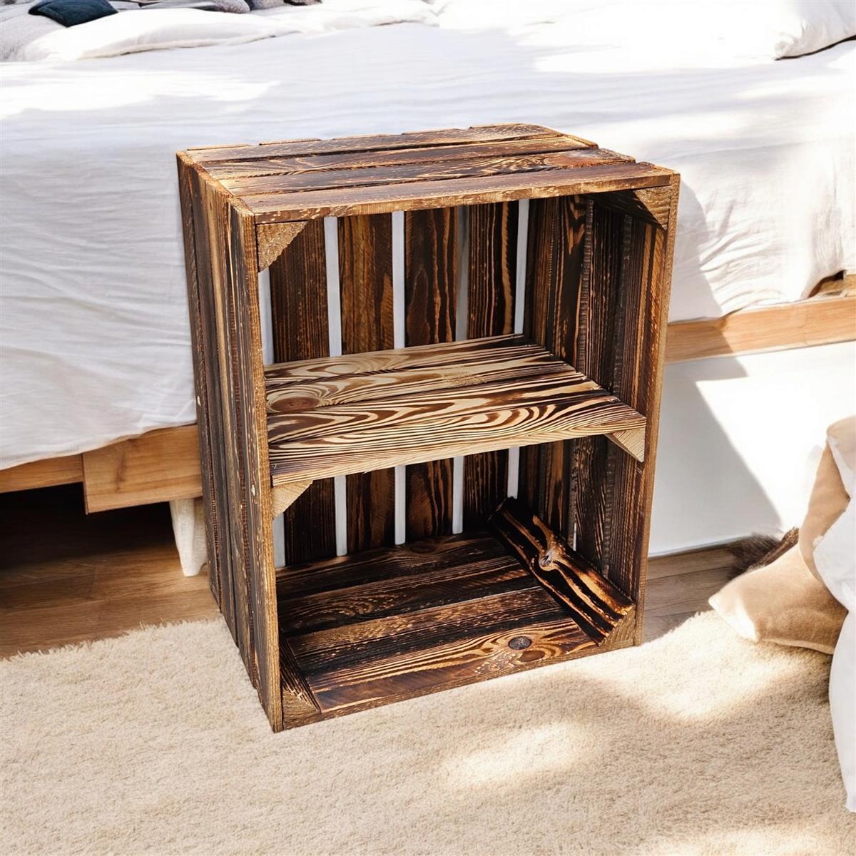 Lot de 3 caisses à fruits vintage flammées 50 x 40 x 30 cm avec étagère