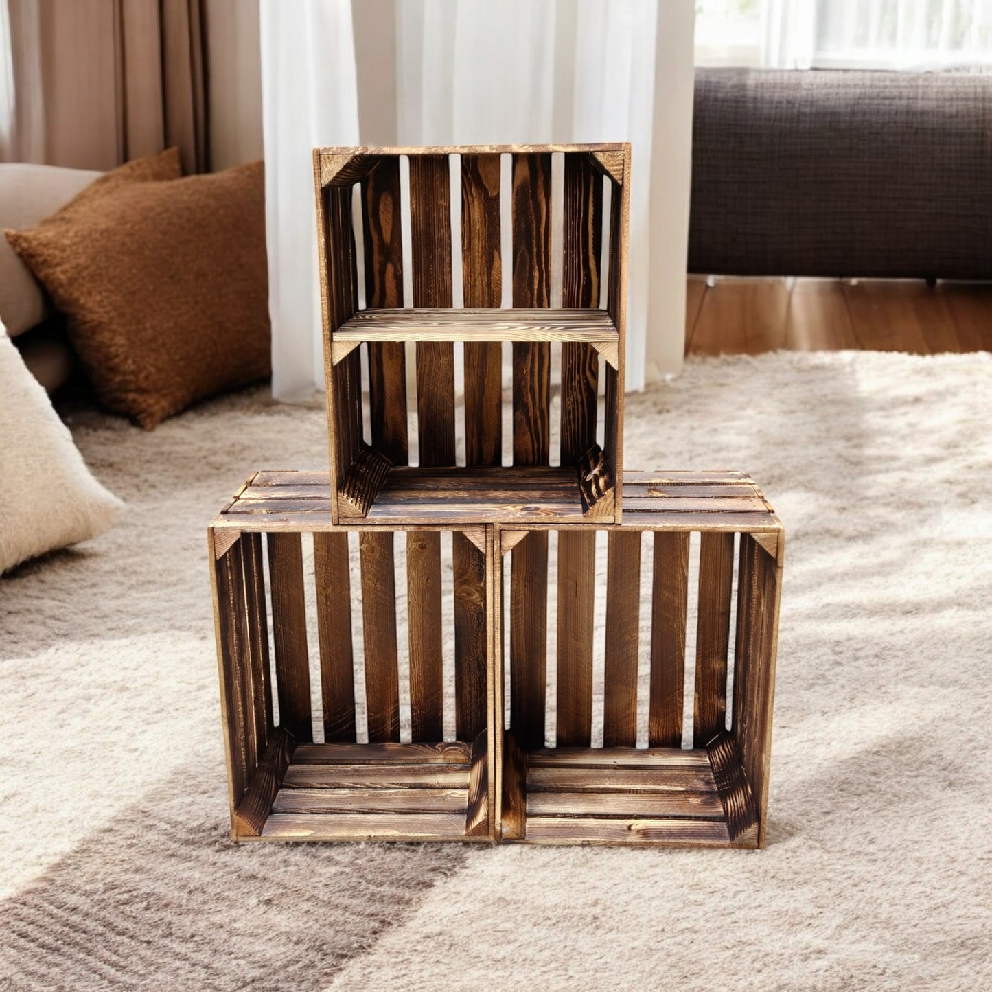 Obstkisten 3er Set Vintage Geflammt 50 x 40 x 30cm mit Regalboden