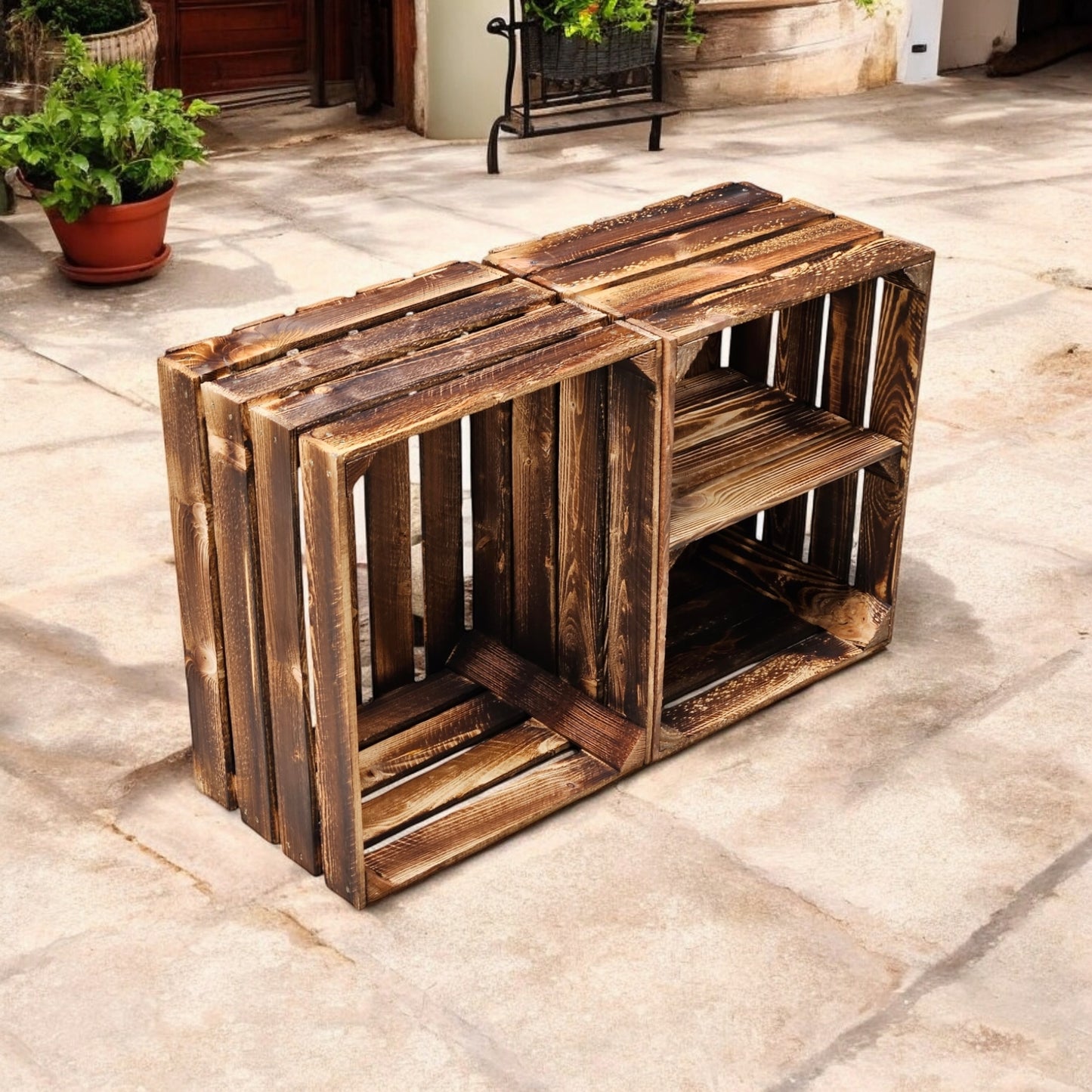 Holzkisten 2er Set 50cm mit Ablage Vintage Geflammt