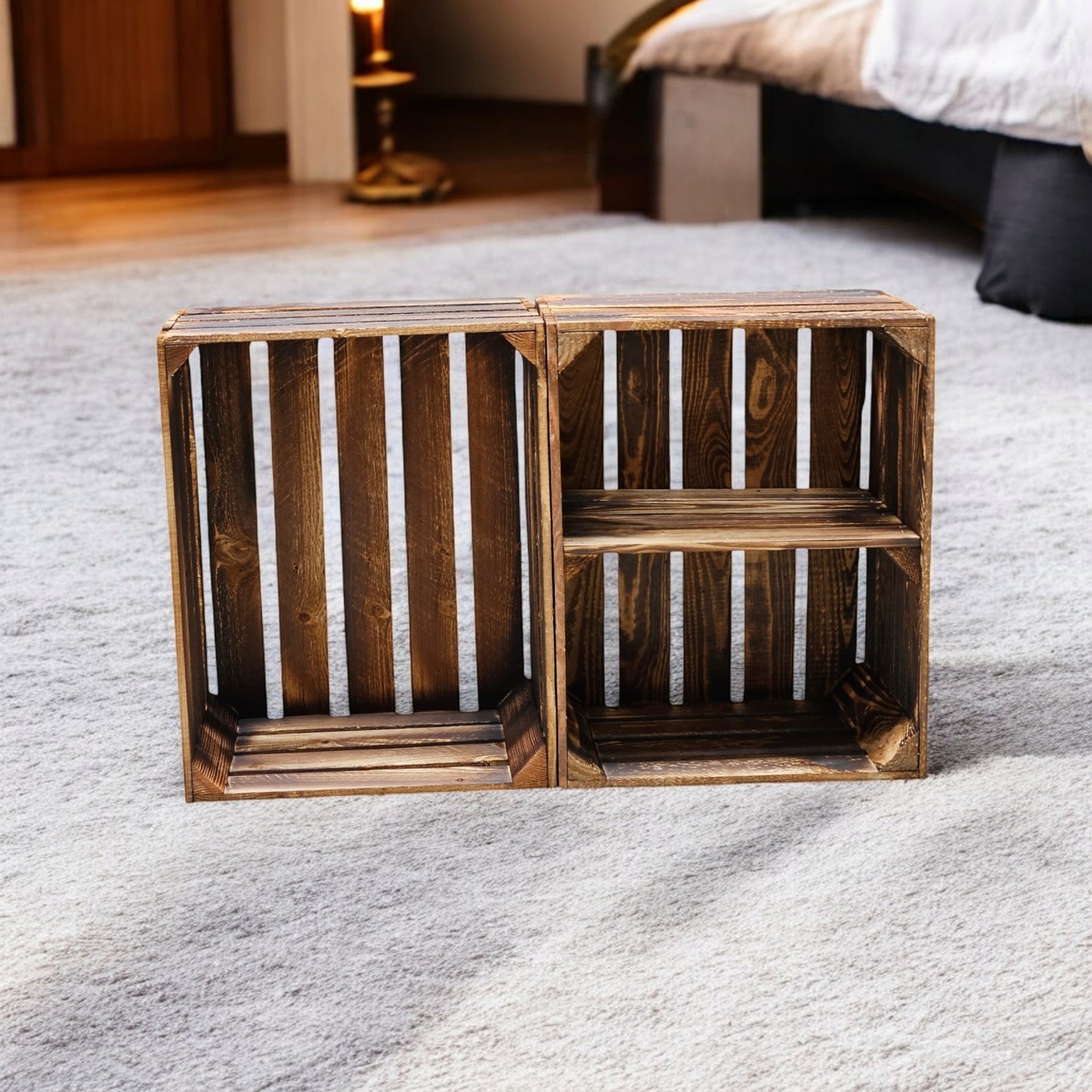 Holzkisten 2er Set 50cm mit Ablage Vintage Geflammt
