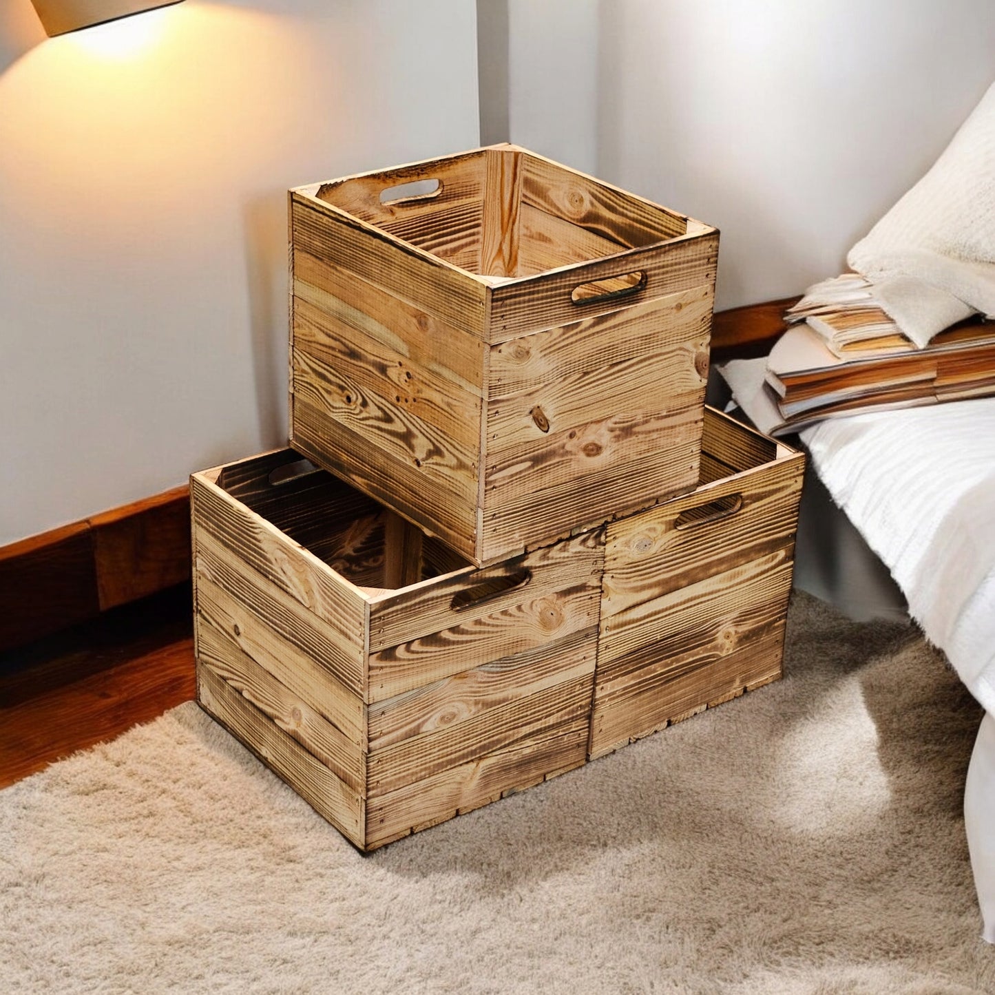 Holzkiste Obstkiste "Kallax" 32,5x38x32,5cm Geflammt 3er SET