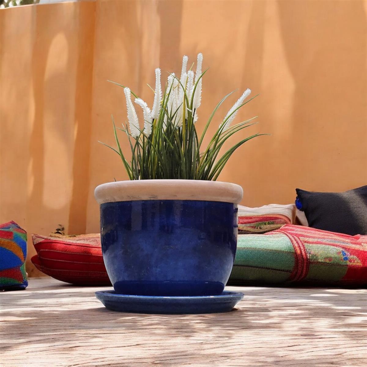 Pflanzteller für Blumentopf aus Keramik 42cm Royal Blau glasiert