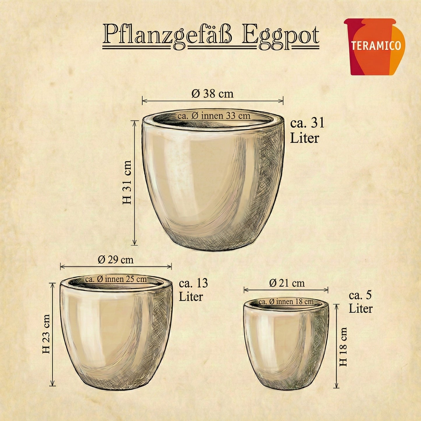 Pflanzgefäß Keramik "EGG-POT" Bronze - Ø 21 - 38cm Frostfest
