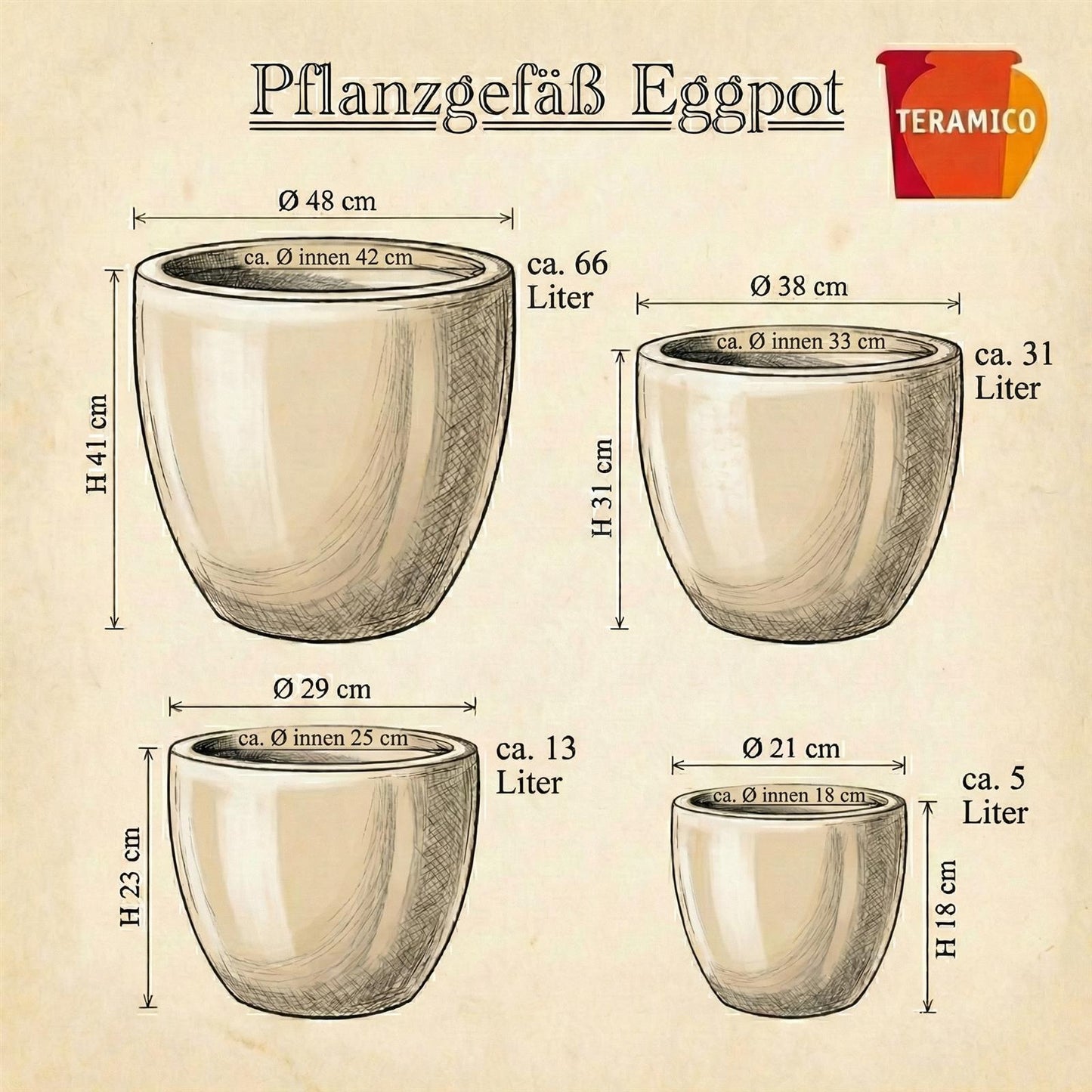 4er Set Pflanzkübel Eggpot Keramik Royalblau glasiert Ø 48 cm