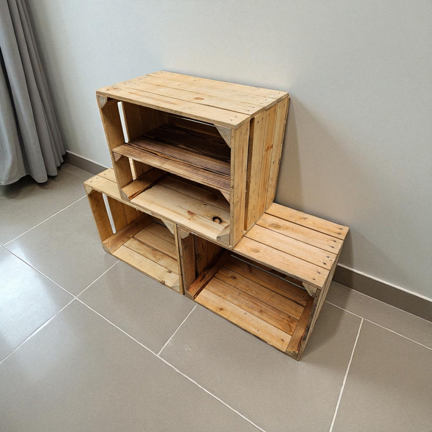 Holzkisten Vintage 3er Set 50 x 40 x 30cm mit Regal lang verbaut