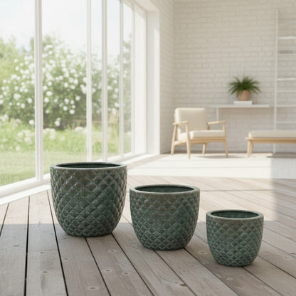 Pflanzgefäß Keramik "Bubble" Grün – Struktur & Frostfest (EggPot)