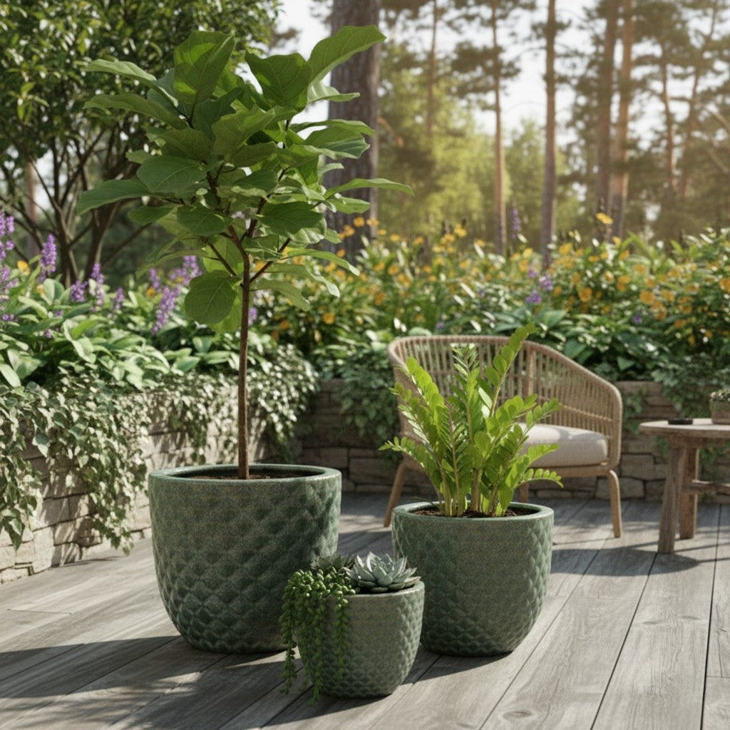 Pflanzgefäß Keramik "Bubble" Grün – Struktur & Frostfest (EggPot)