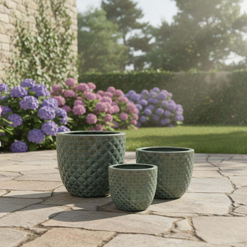 Pflanzgefäß Keramik "Bubble" Grün – Struktur & Frostfest (EggPot)