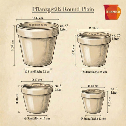 Pflanzgefäß "Round Plain" Moosbraun – Ø 18 bis 47 cm – Frostfestes Steinzeug