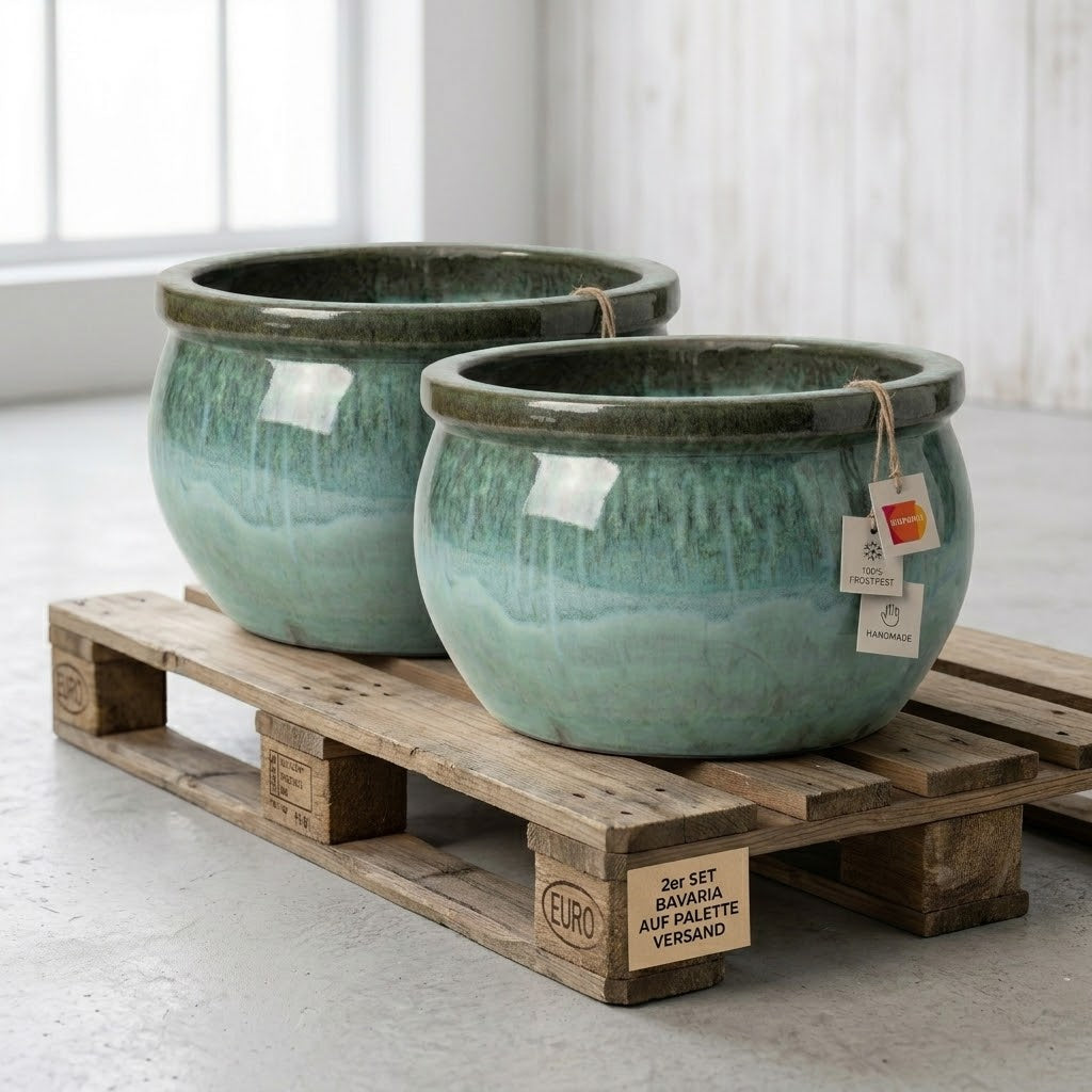 4er Set XXL Pflanzschale 49cm Moosgrün Keramik Steinzeug winterhart