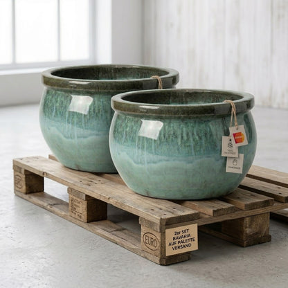 4er Set XXL Pflanzschale 49cm Moosgrün Keramik Steinzeug winterhart