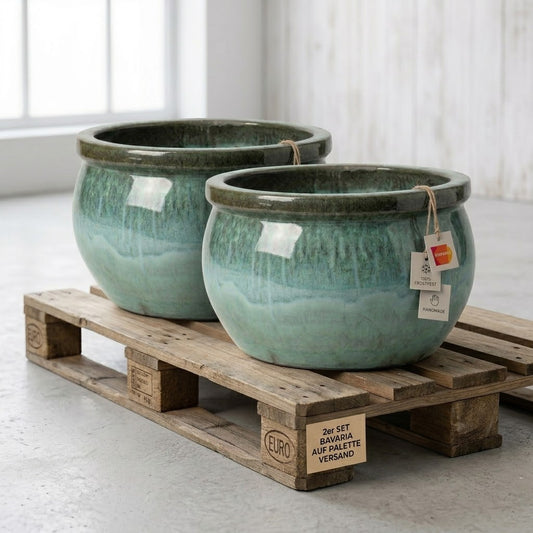 2er Set XXL Pflanzschale 49cm Moosgrün Keramik Steinzeug winterhart