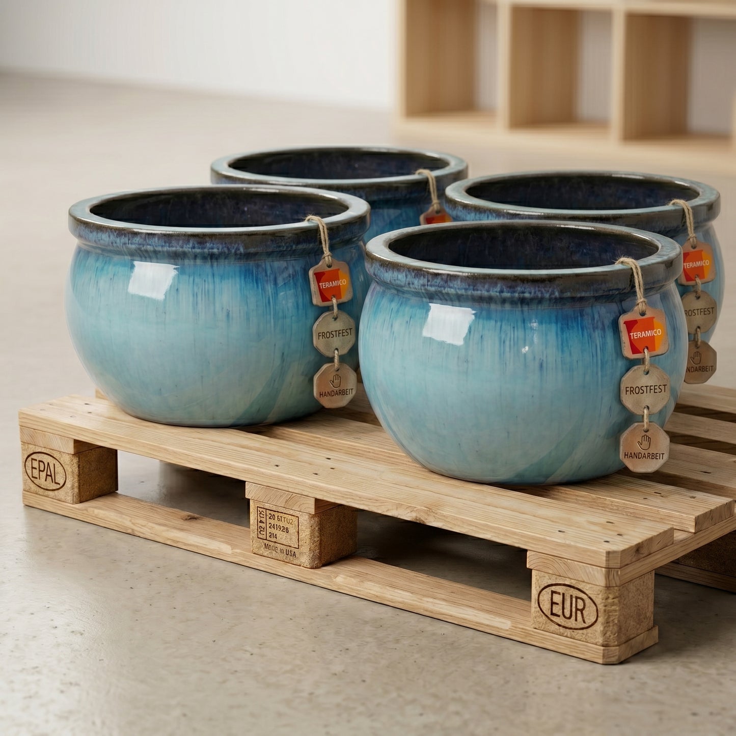 4er Set XXL Pflanzschale 49cm Jade-Grün Keramik Steinzeug winterhart