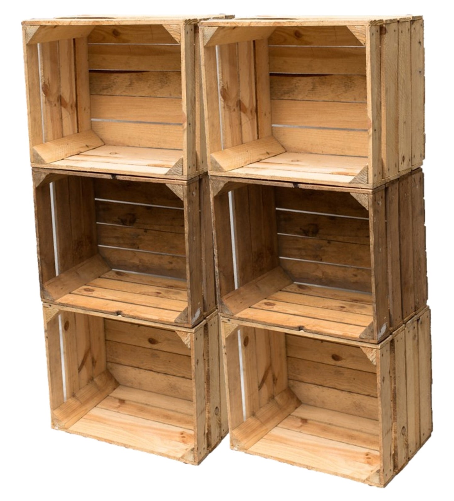 6er Set gebrauchte Obstkisten Vintage Natur von Teramico, gestapelt mit echter Patina.
