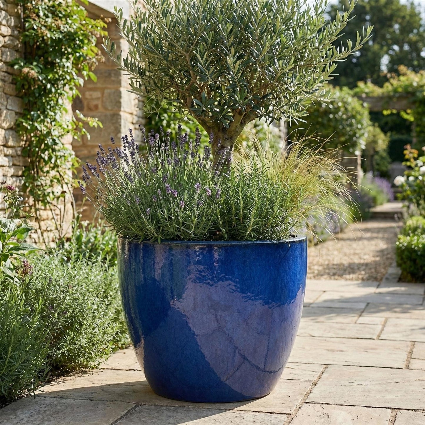 4er Set Pflanzkübel Eggpot Keramik Royalblau glasiert Ø 48 cm