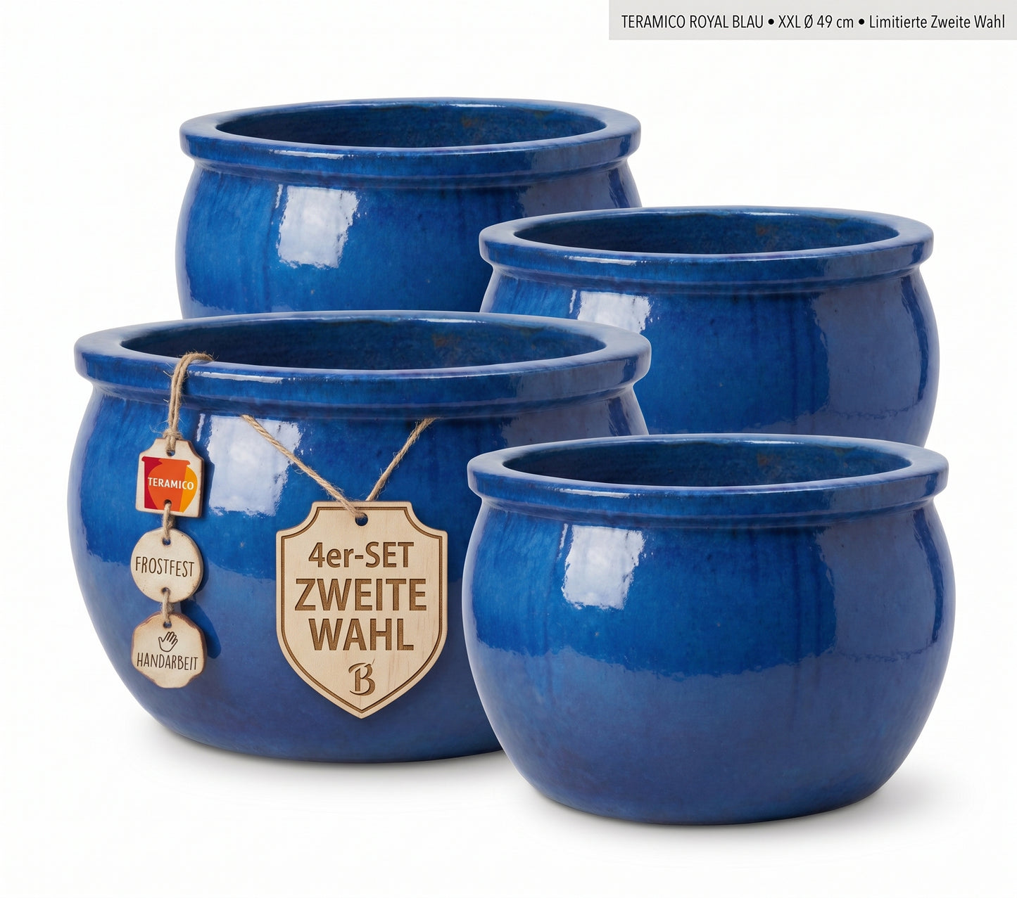 4er Set XXL Pflanzschale 49cm Royal Blau B-Ware Keramik Steinzeug winterhart