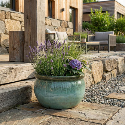 Dunkelgrüne Glasur Moosgrün Detail - Frostsichere Pflanzschale