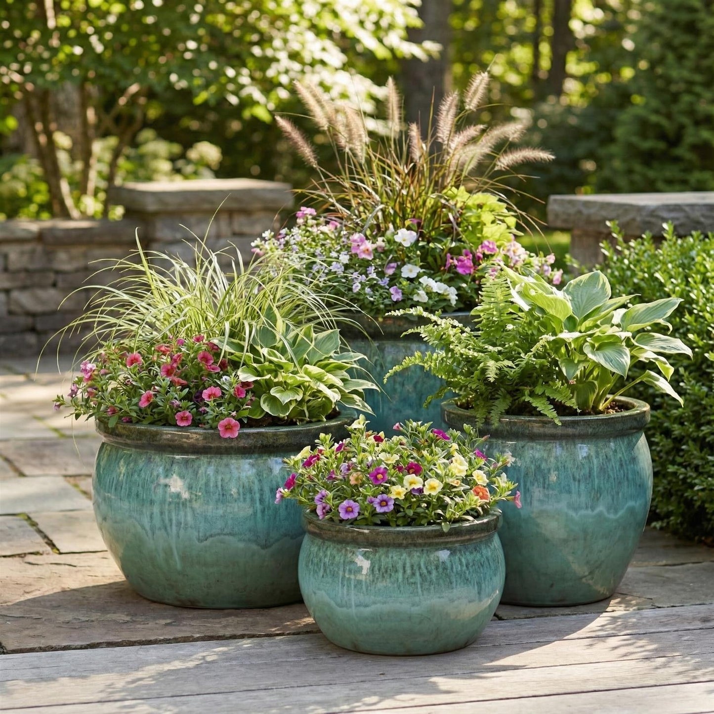 Pflanzschale flach "Moosgrün" – Ø 24 bis 49 cm – Massives Steinzeug