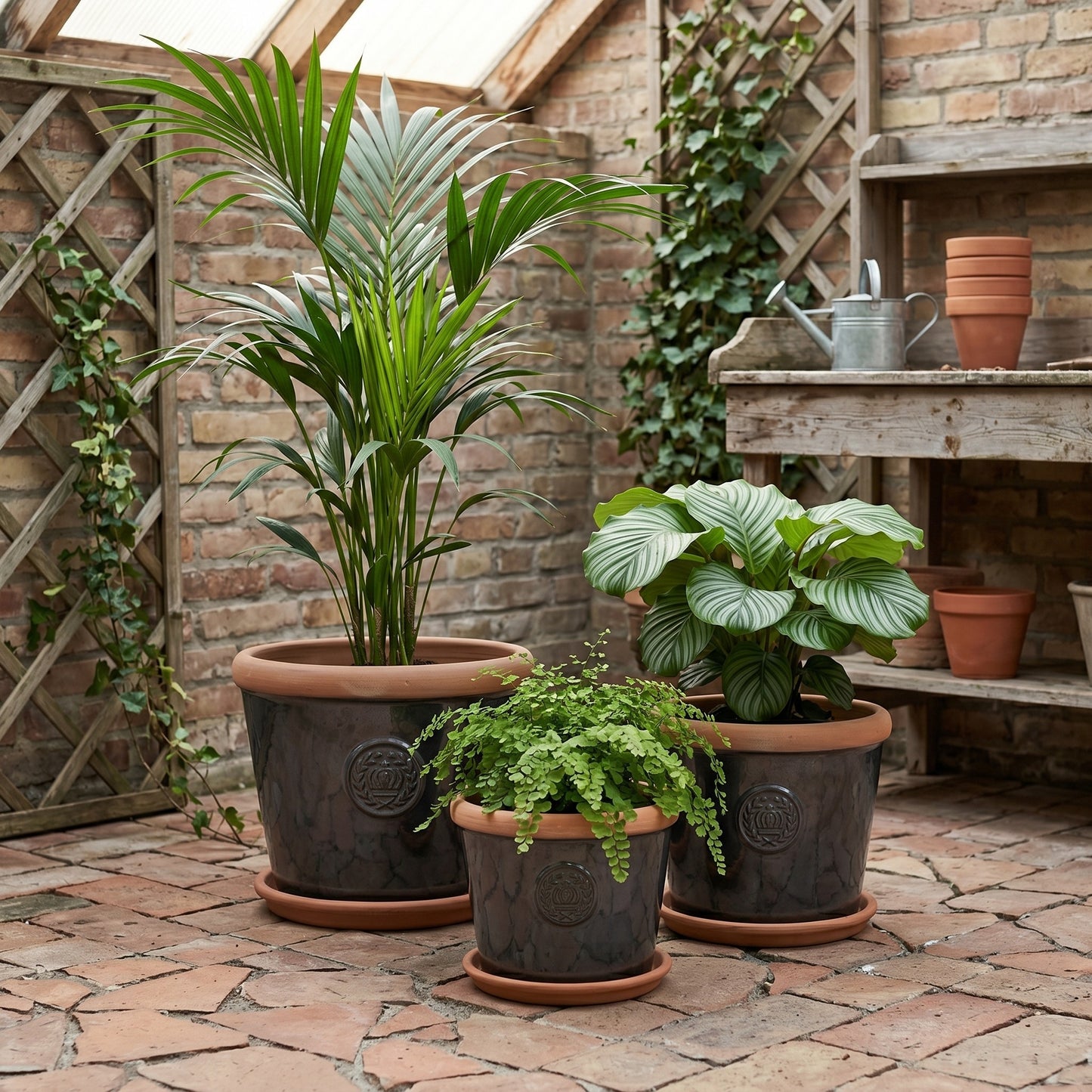 Teramico Pflanzgefäß-Set Provence Anthrazit Matt mit Terracotta-Teller