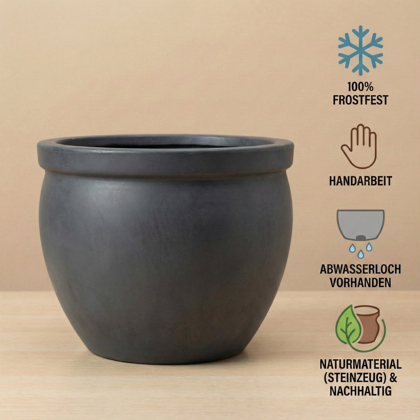 Keramik Pflanzgefäß "Bavaria" Anthrazit – Wählbare Größen (21-37cm