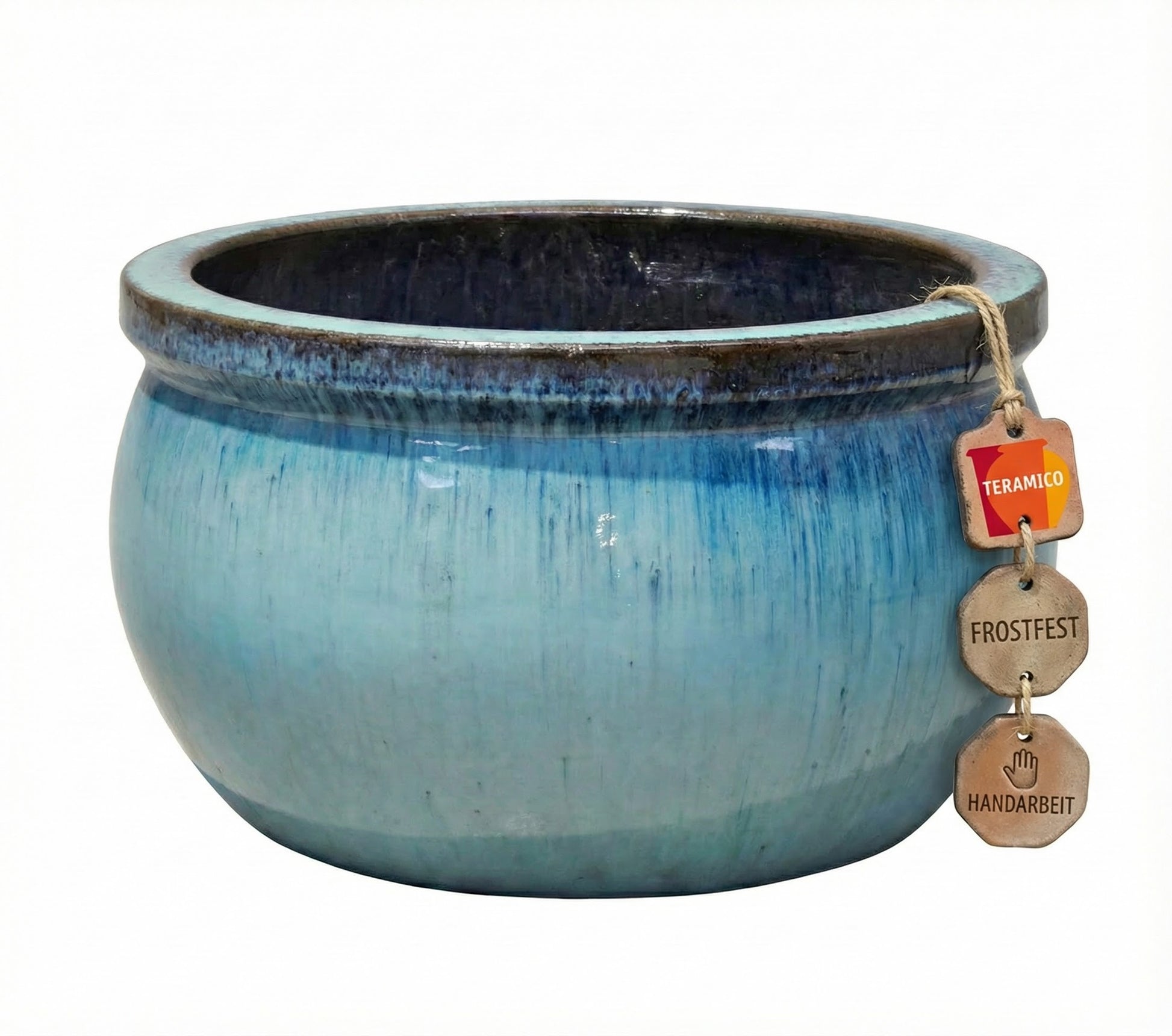 Handgefertigtes, bauchiges Pflanzgefäß aus Keramik in Grün, glasiert und absolut frostfest für Garten und Terrasse.