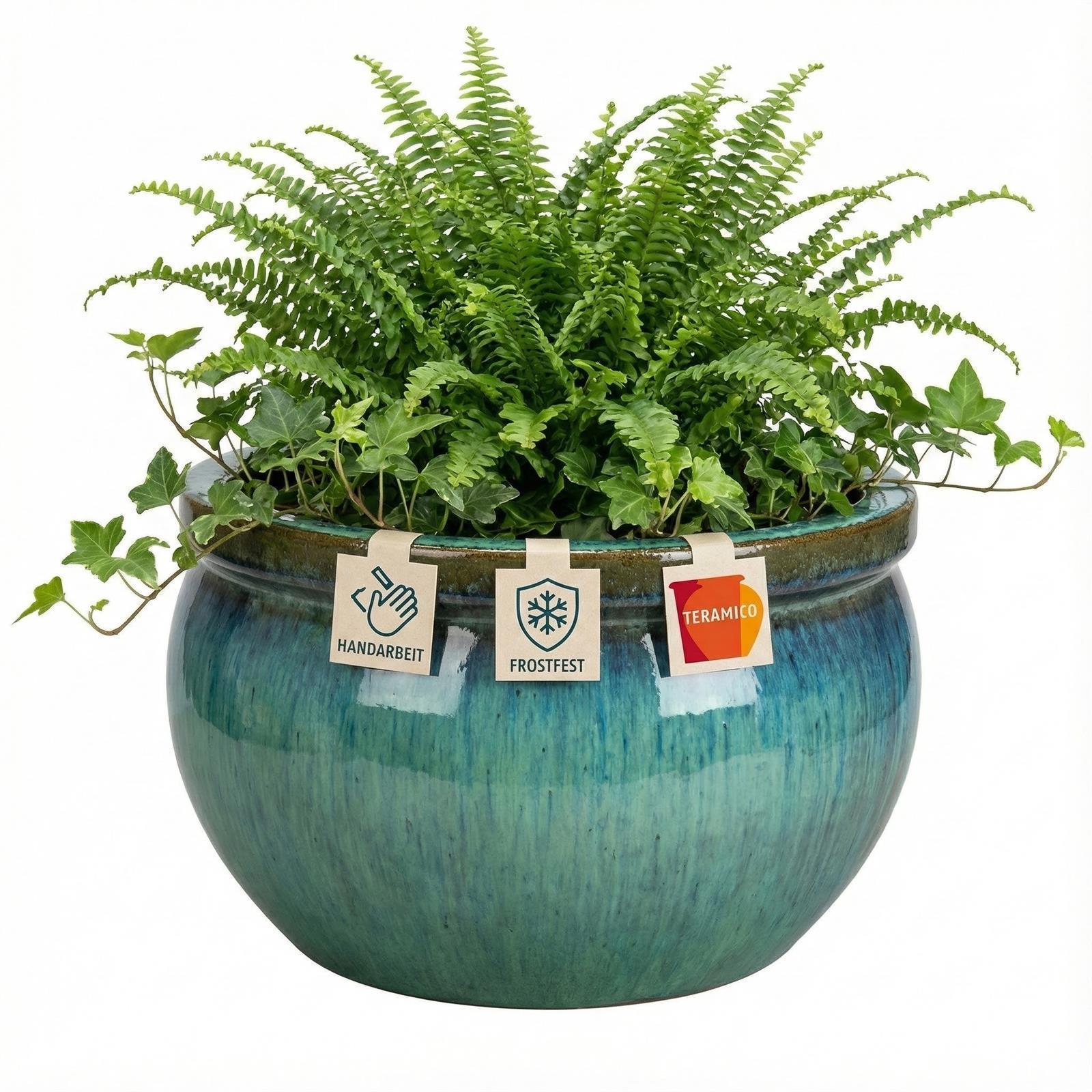 Keramik Pflanzschale Bavaria Grün glänzend Ø 28cm - Frostfester Blumenkübel aus Steinzeug Handarbeit