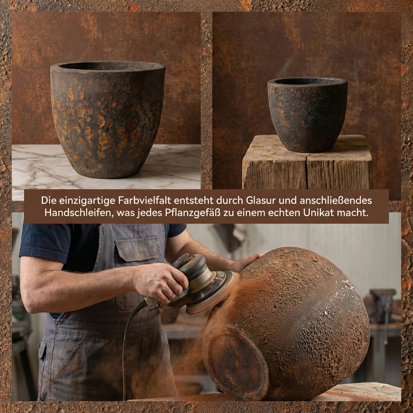 Keramik Pflanzgefäß "Egg Pot" Lava Braun Ø 21cm – Geschliffen & Struktur