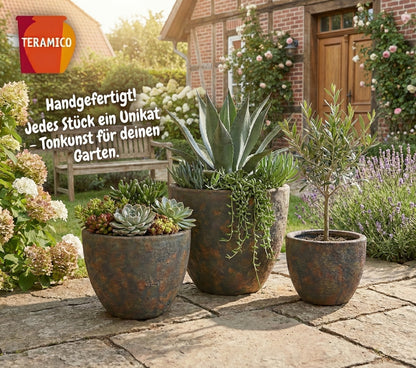 Keramik Pflanzgefäß "Egg Pot" Lava Braun Ø 21cm – Geschliffen & Struktur