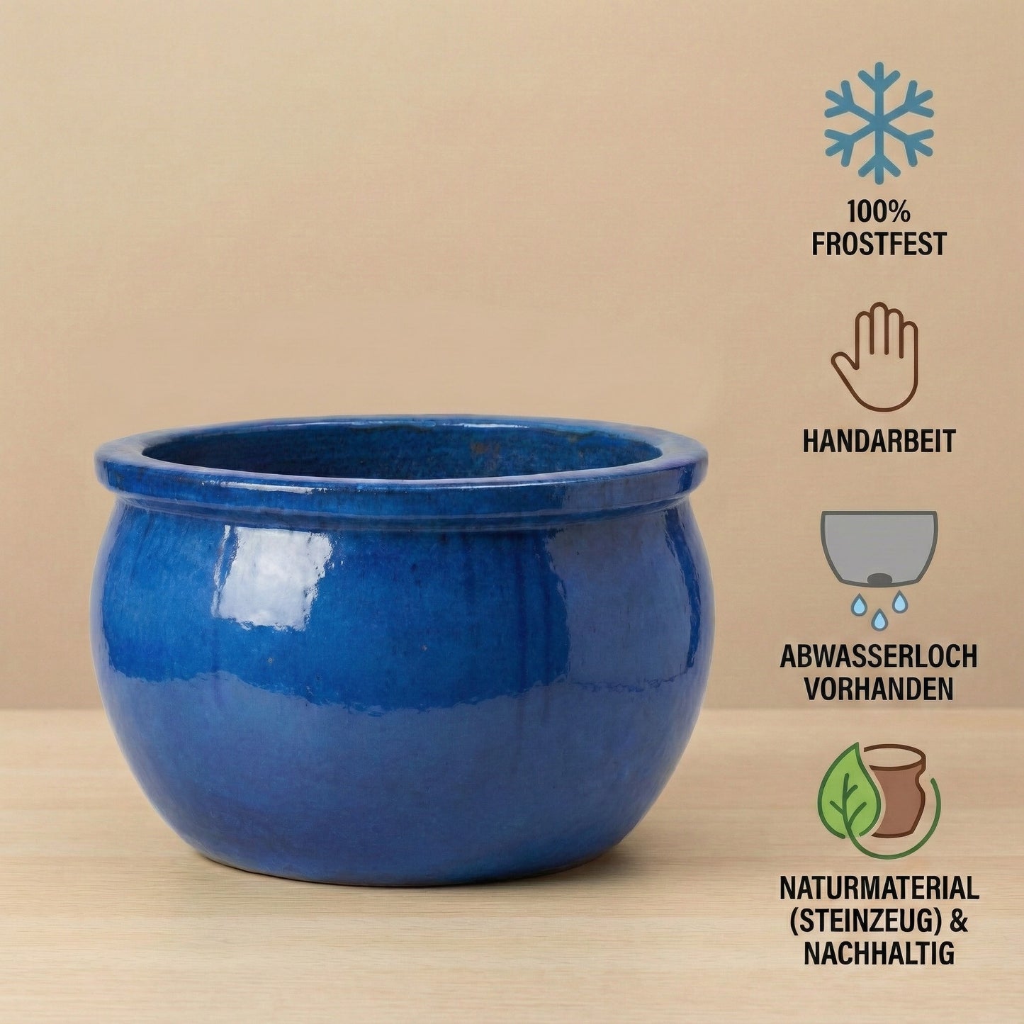2er Set XXL Pflanzschale 49cm Royal Blau B-Ware Keramik Steinzeug winterhart