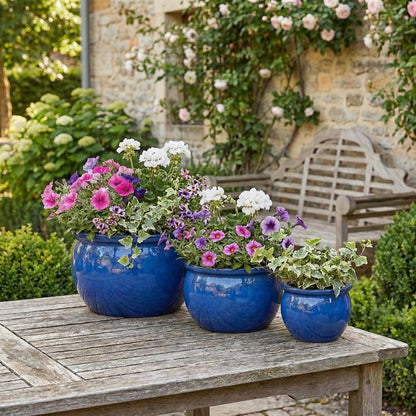 2er Set XXL Pflanzschale 49cm Royal Blau B-Ware Keramik Steinzeug winterhart