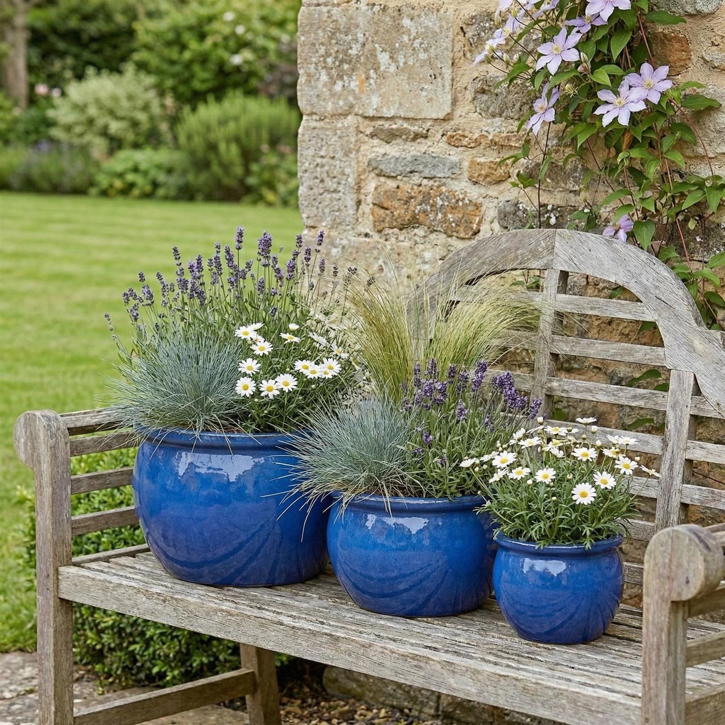 2er Set XXL Pflanzschale 49cm Royal Blau B-Ware Keramik Steinzeug winterhart