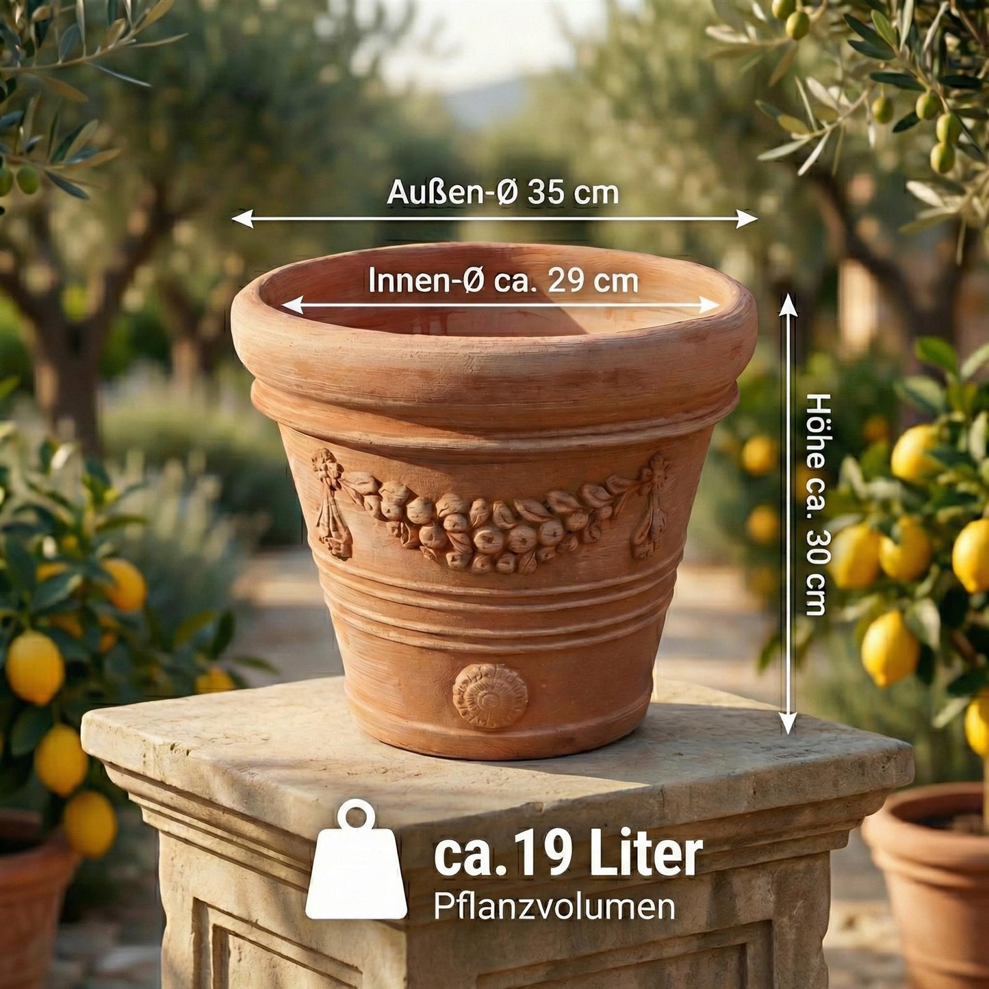 Terrakotta Pflanzkübel "Festonato" – Ø 36 cm – Italienisches Design – Handarbeit – Frostfest