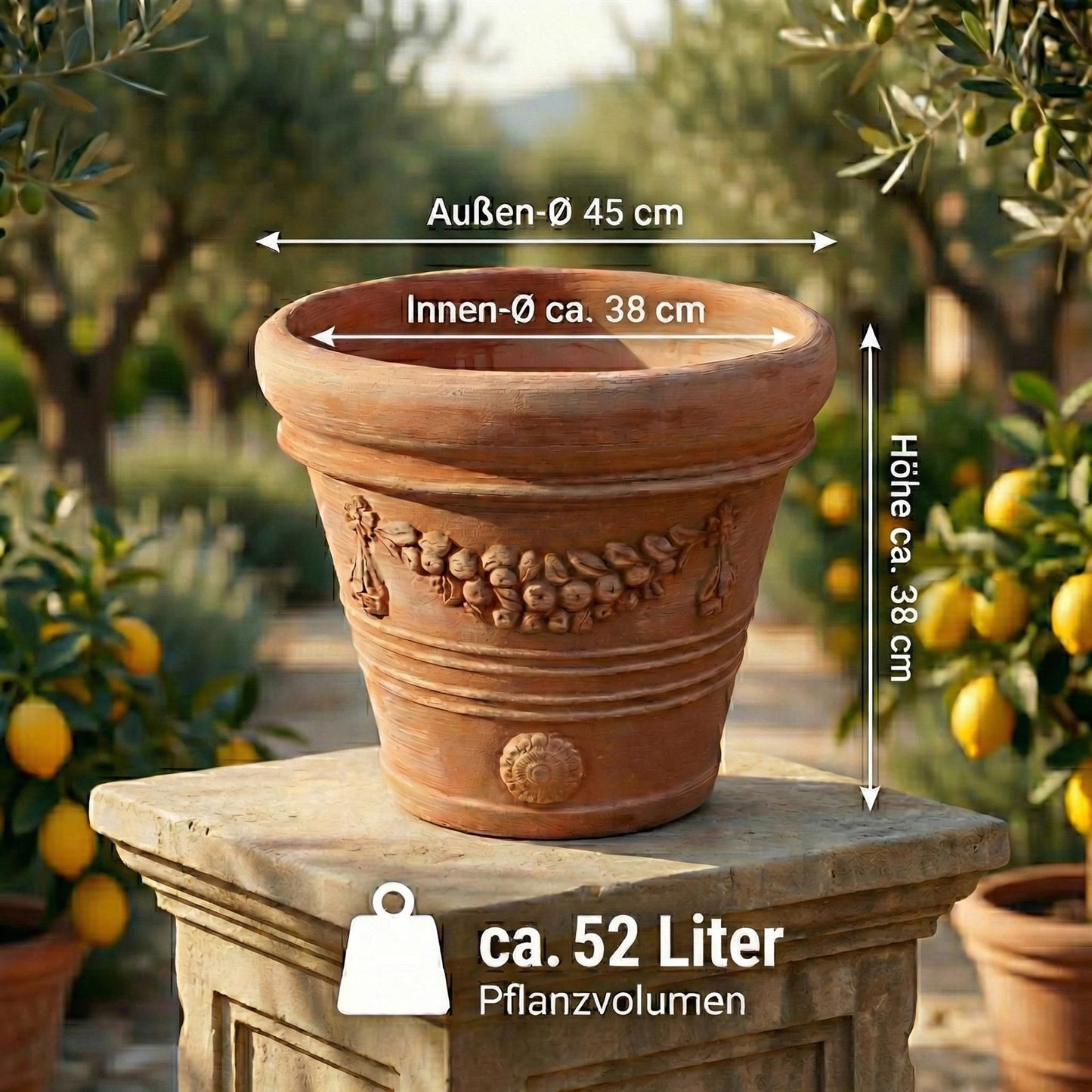 XXL Terrakotta Pflanzkübel "Festonato" – Ø 45 cm – Italienisches Design – Handarbeit – Frostfest