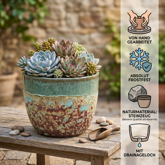 Teramico Pflanztopf Keramik Antik Grün Ø 38 x 31 cm Frostfest Handarbeit Outdoor