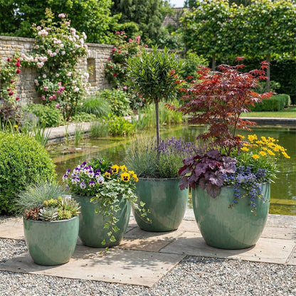 Pflanzgefäß Set Egg Pot Grün Glasiert - Vier glänzende Keramiktöpfe