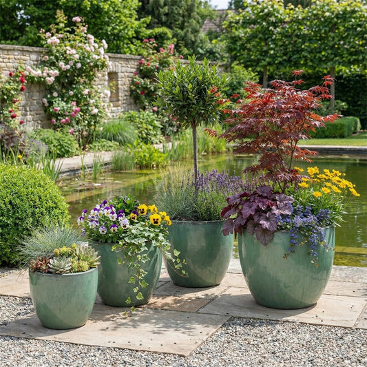Pflanzgefäß Set Egg Pot Grün Glasiert - Vier glänzende Keramiktöpfe