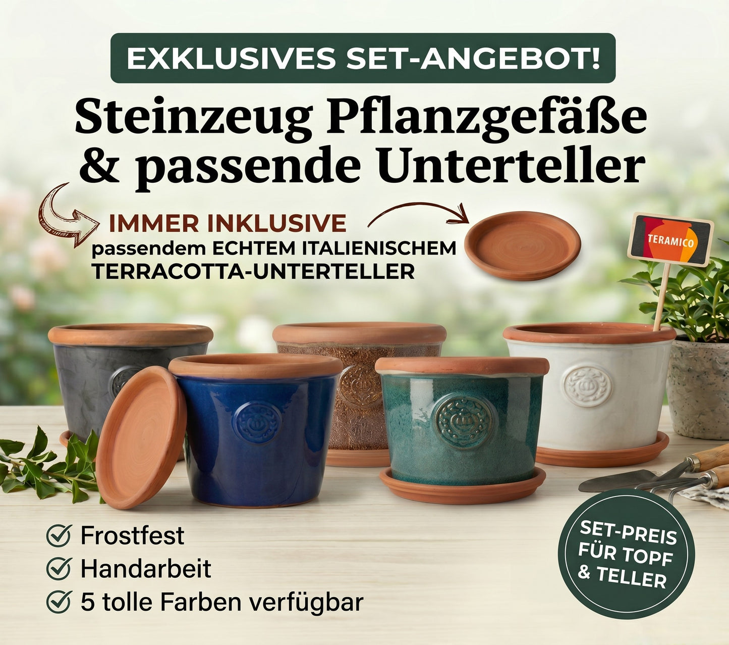 Teramico Pflanzgefäß-Set Provence Braun mit Terracotta-Teller