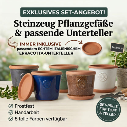 Teramico Pflanzgefäß-Set Provence Moosgrün mit Krone-Motiv & Terracotta-Teller